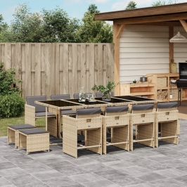 Set comedor de jardín con cojines 13 pzas ratán sintético beige