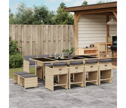 Set comedor de jardín con cojines 13 pzas ratán sintético beige