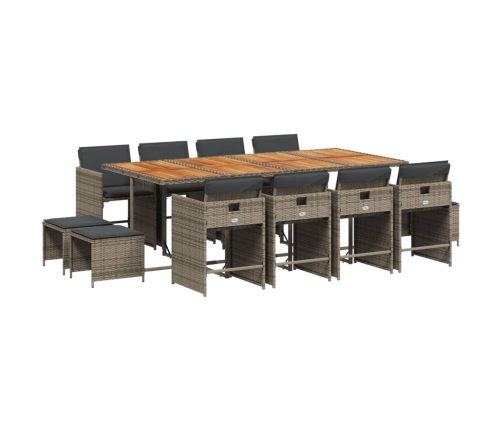 Set comedor de jardín con cojines 13 pzas ratán sintético gris