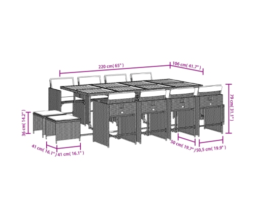 Set comedor de jardín con cojines 13 pzas ratán sintético gris