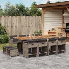 Set comedor de jardín con cojines 13 pzas ratán sintético gris
