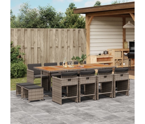 Set comedor de jardín con cojines 13 pzas ratán sintético gris