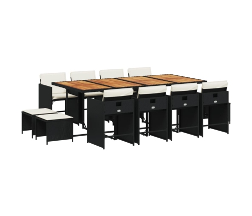 Set comedor de jardín con cojines 13 pzas ratán sintético negro