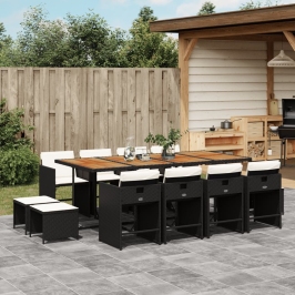 Set comedor de jardín con cojines 13 pzas ratán sintético negro