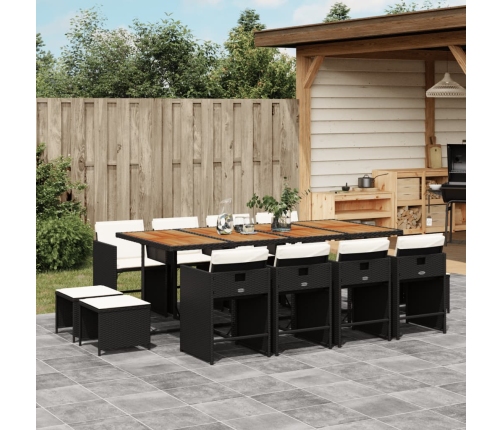 Set comedor de jardín con cojines 13 pzas ratán sintético negro