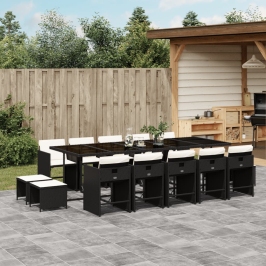 Set comedor de jardín con cojines 15 pzas ratán sintético negro