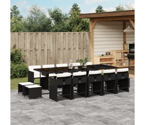 Set comedor de jardín con cojines 15 pzas ratán sintético negro