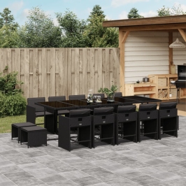 Set comedor de jardín con cojines 15 pzas ratán sintético negro