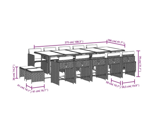 Set comedor de jardín con cojines 15 pzas ratán sintético gris