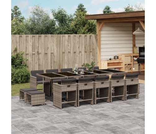 Set comedor de jardín con cojines 15 pzas ratán sintético gris