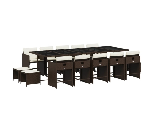 Set comedor de jardín y cojines 15 pzas ratán sintético marrón