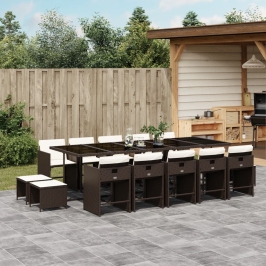 Set comedor de jardín y cojines 15 pzas ratán sintético marrón