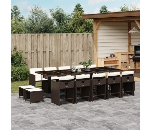 Set comedor de jardín y cojines 15 pzas ratán sintético marrón