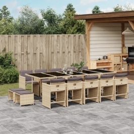 Set comedor de jardín con cojines 15 pzas ratán sintético beige