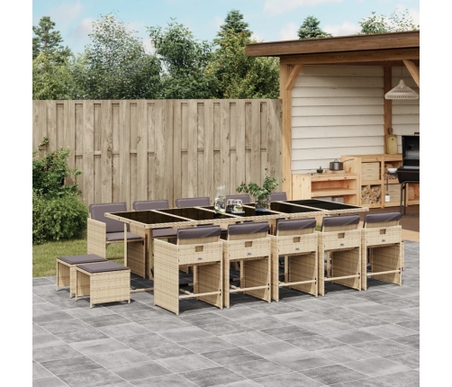 Set comedor de jardín con cojines 15 pzas ratán sintético beige