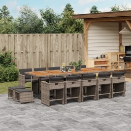 Set comedor de jardín con cojines 15 pzas ratán sintético gris