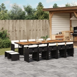 Set comedor de jardín con cojines 15 pzas ratán sintético negro