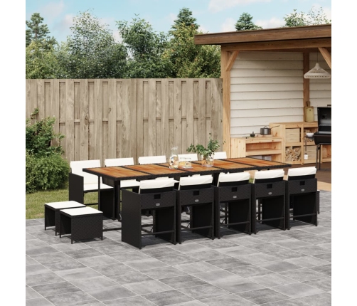 Set comedor de jardín con cojines 15 pzas ratán sintético negro