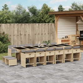 Set comedor de jardín 17 pzas con cojines ratán sintético beige