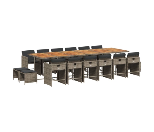 Set comedor de jardín 17 pzas y cojines ratán sintético gris