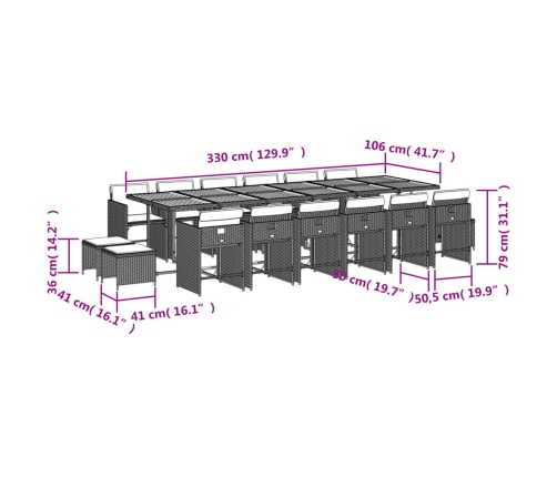 Set comedor de jardín 17 pzas y cojines ratán sintético gris