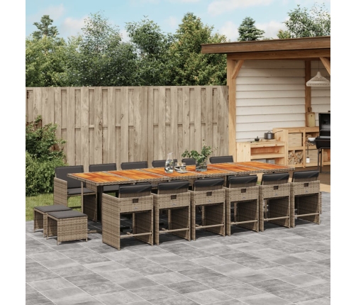 Set comedor de jardín 17 pzas y cojines ratán sintético gris