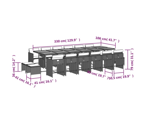 Set de muebles jardín 17 pzas con cojines ratán sintético negro