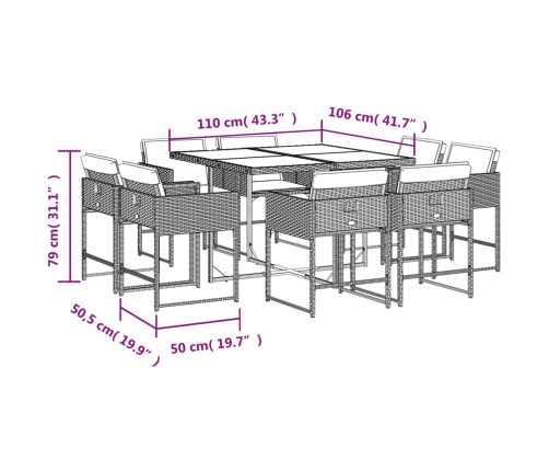 Set comedor de jardín 9 pzas cojines ratán sintético gris claro