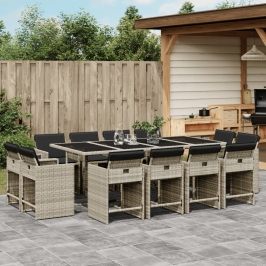 Set comedor jardín y cojines 13 pzas ratán sintético gris claro