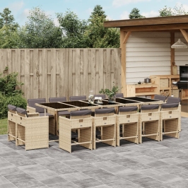 Set comedor de jardín con cojines 15 pzas ratán sintético beige