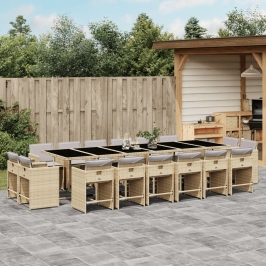 Set comedor de jardín 17 pzas con cojines ratán sintético beige