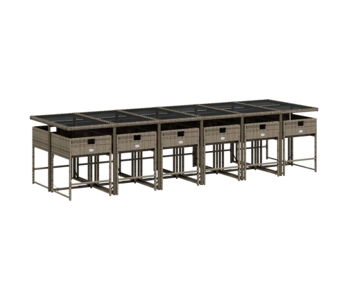 Set comedor de jardín con cojines 13 pzas ratán sintético gris