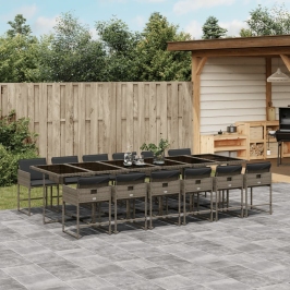 Set comedor de jardín con cojines 13 pzas ratán sintético gris
