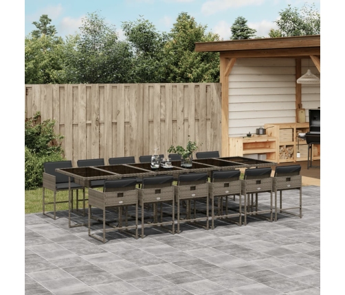 Set comedor de jardín con cojines 13 pzas ratán sintético gris