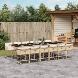 Set comedor de jardín con cojines 13 pzas ratán sintético beige