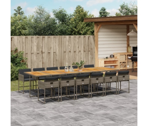Set comedor de jardín con cojines 13 pzas ratán sintético gris