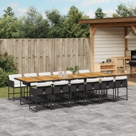 Set comedor de jardín con cojines 13 pzas ratán sintético negro
