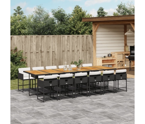 Set comedor de jardín con cojines 13 pzas ratán sintético negro