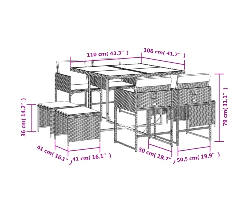 Set comedor de jardín 9 pzas cojines ratán sintético gris claro
