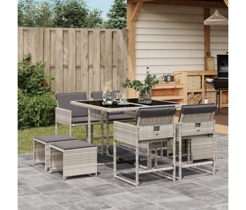 Set comedor de jardín 9 pzas cojines ratán sintético gris claro