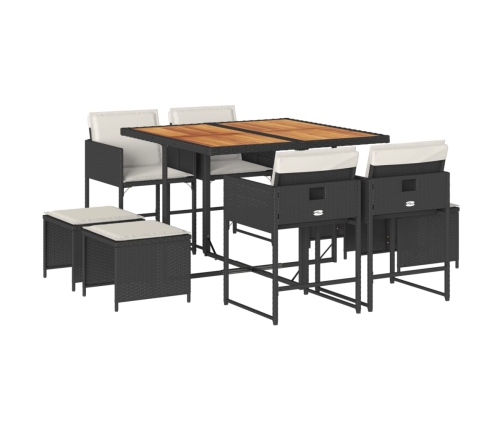 Set de comedor de jardín 9 pzas y cojines ratán sintético negro