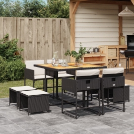 Set de comedor de jardín 9 pzas y cojines ratán sintético negro