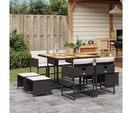 Set de comedor de jardín 9 pzas y cojines ratán sintético negro