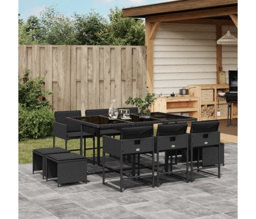 Set de comedor jardín 11 pzas con cojines ratán sintético negro
