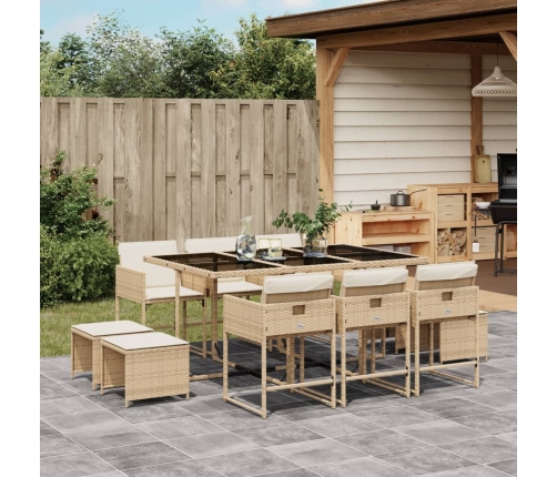 Set comedor de jardín 11 pzas con cojines ratán sintético beige