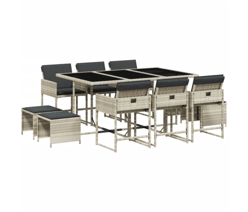 Set de comedor de jardín 11 pzas y cojines ratán sintético gris