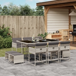 Set de comedor de jardín 11 pzas y cojines ratán sintético gris
