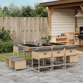Set comedor de jardín 11 pzas con cojines ratán sintético beige