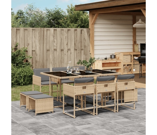 Set comedor de jardín 11 pzas con cojines ratán sintético beige