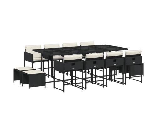 Set comedor de jardín con cojines 13 pzas ratán sintético negro